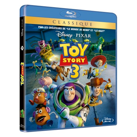 Boîtier de disque Blu-ray de Toy Story 3. Avec Woody, Buzz et d'autres personnages. Logo Disney Pixar.