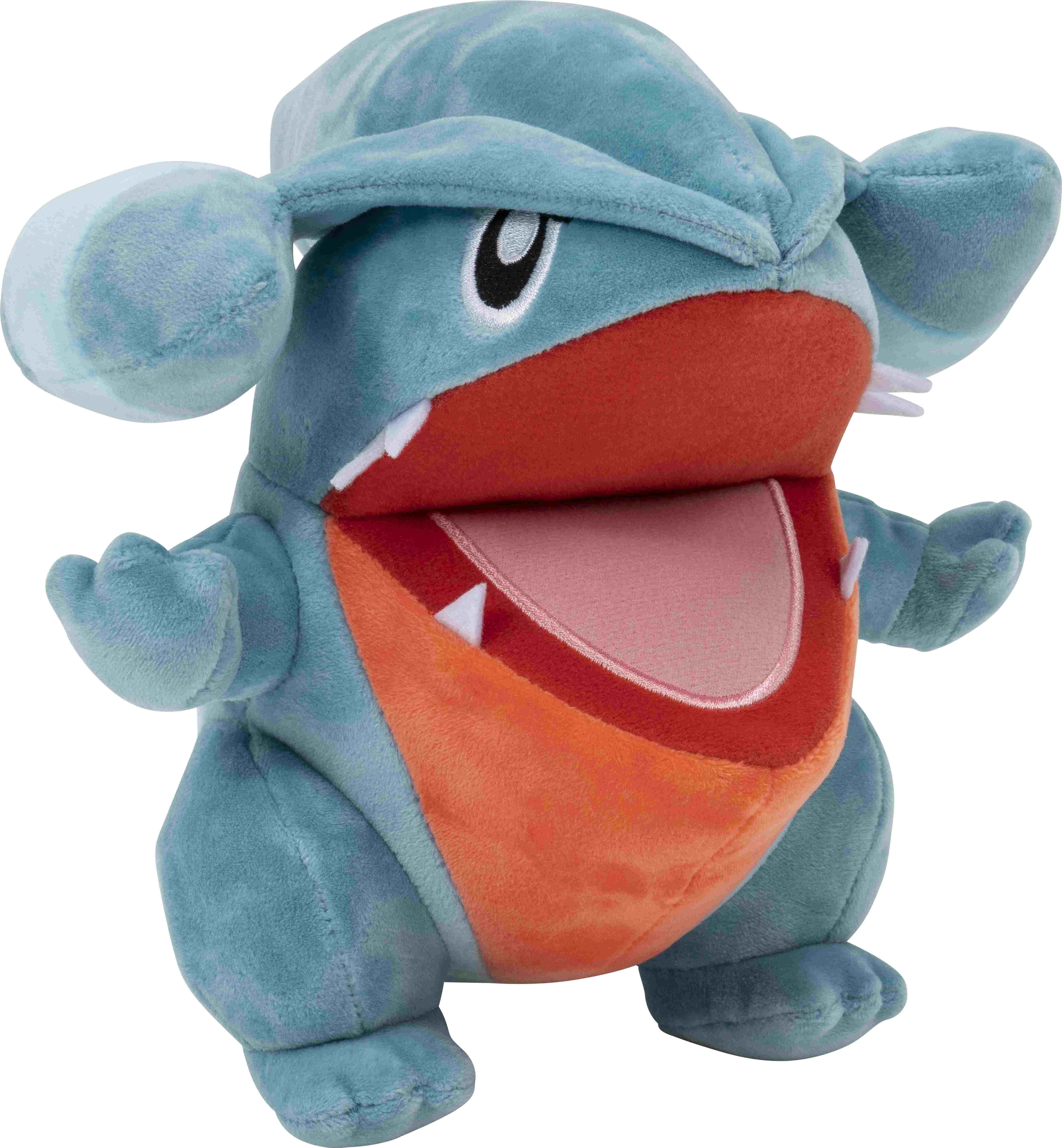 Peluche bleue et orange de Garchomp, personnage Pokémon, bouche ouverte.
