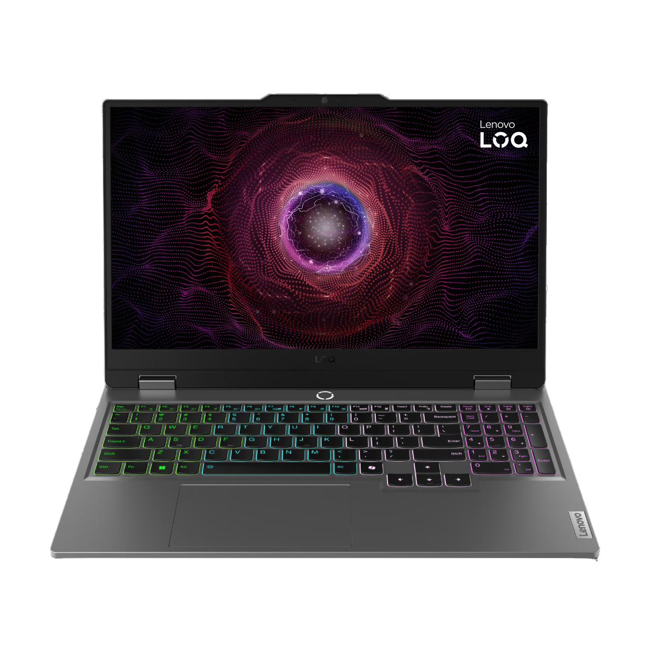 Geöffnetes Lenovo LOQ Laptop, zeigt eine bunte abstrakte Grafik auf dem Bildschirm.