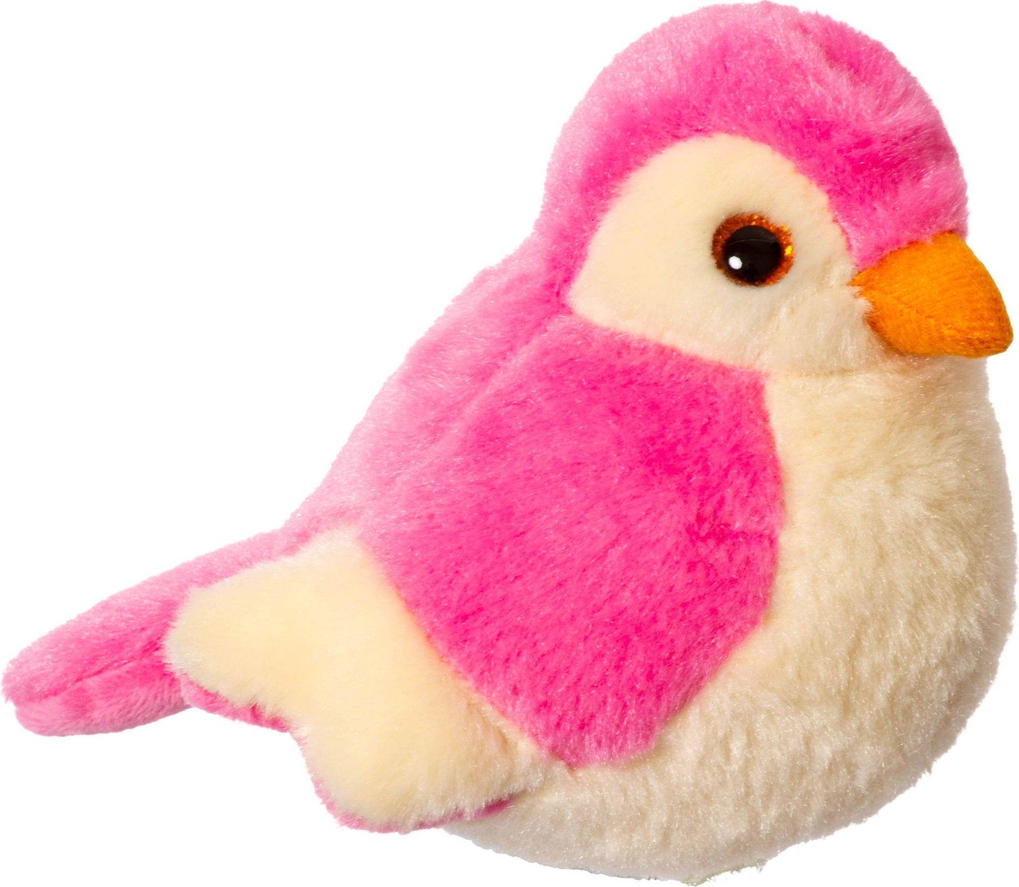 Ein rosa Vogel-Plüschtier mit cremefarbenem Brustbereich und orangem Schnabel. Weißer Hintergrund.