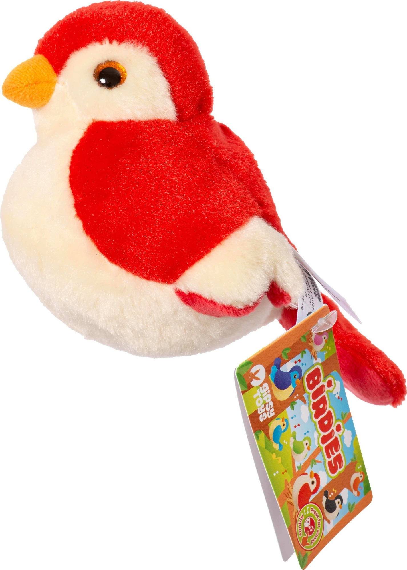 Ein rotes und weißes Vogel-Plüschtier mit Anhänger auf weißem Hintergrund.