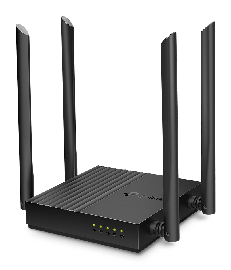 Czarny router TP-Link z czterema antenami. Z przodu znajdują się cztery zielone światła.