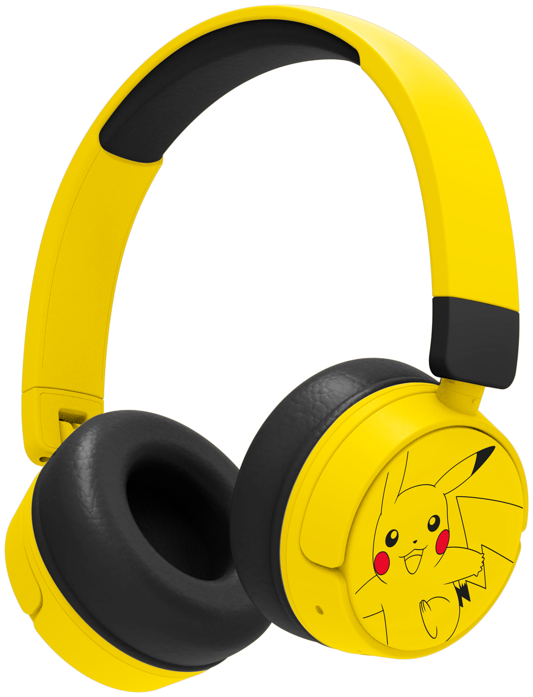 Sárga Pikachu fejhallgató fekete fülkagylókkal, Pikachu arcát mutatja.