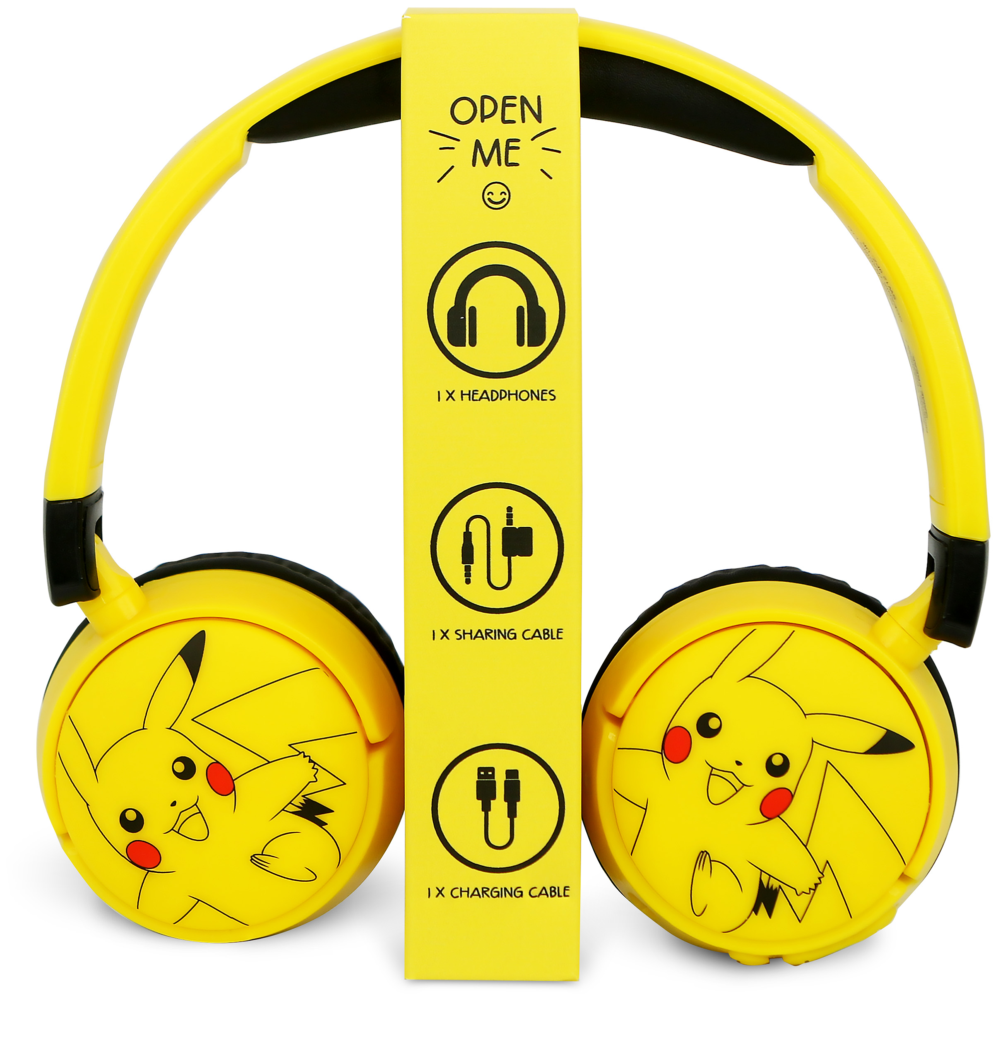 Sárga Pikachu fejhallgató fehér kártyával, amely fejhallgatót, megosztó kábelt és töltőkábelt mutat.