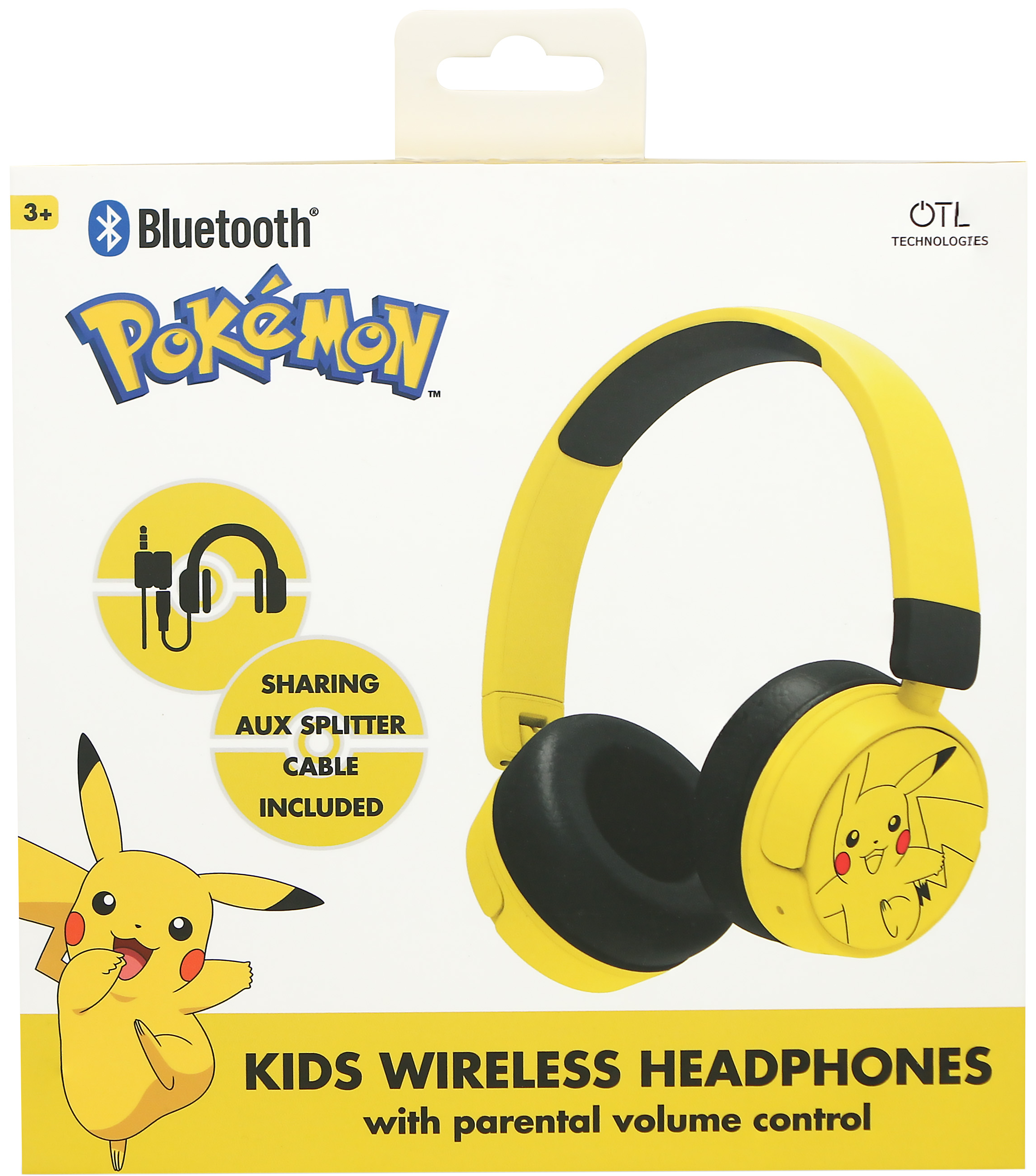 Doboz Pikachu fejhallgatóval. Pikachu a dobozon. Sárga és fekete fejhallgató látható.