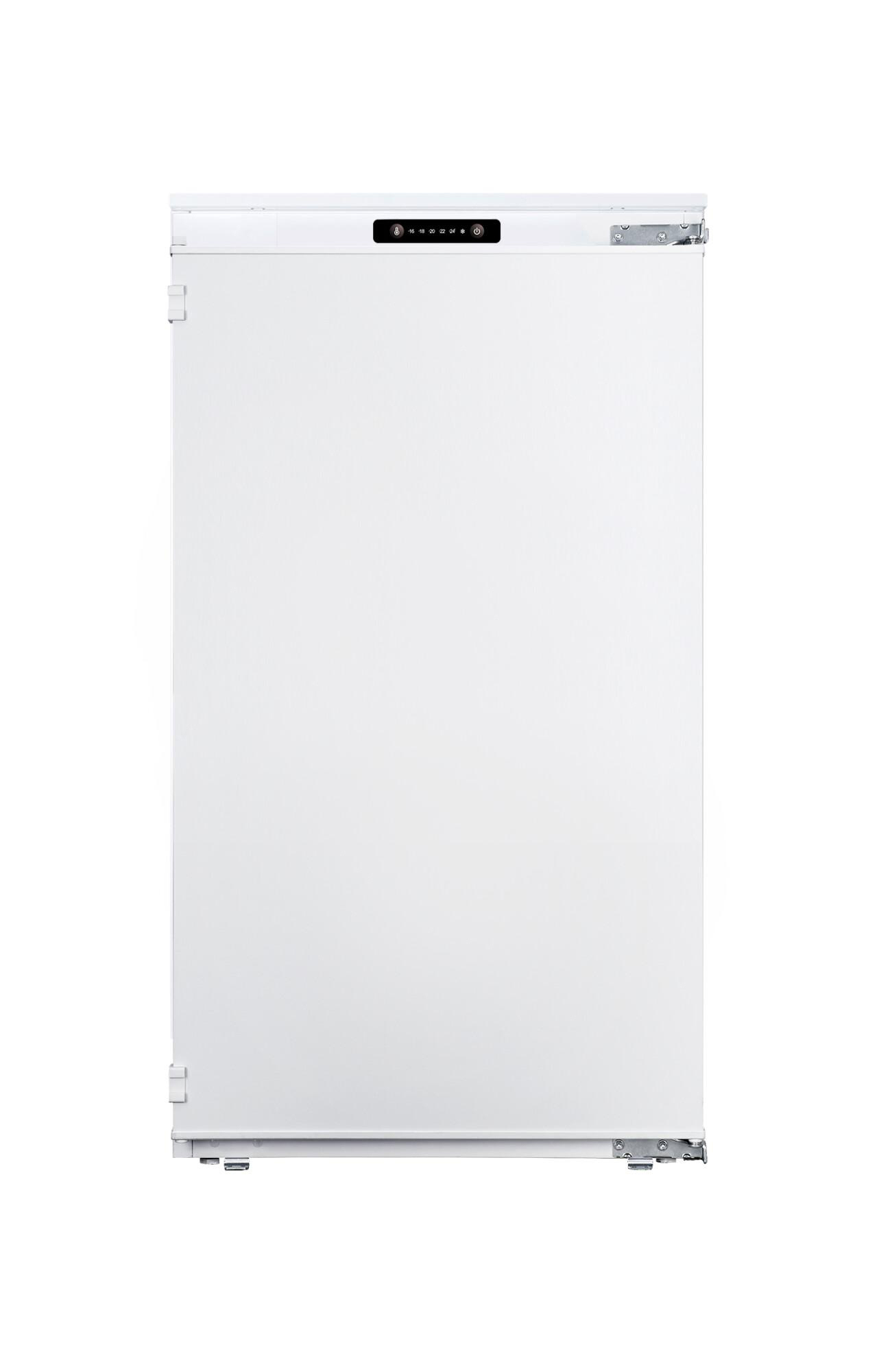 Weißer Kühlschrank mit schwarzem Display oben. Sauberes und modernes Design.