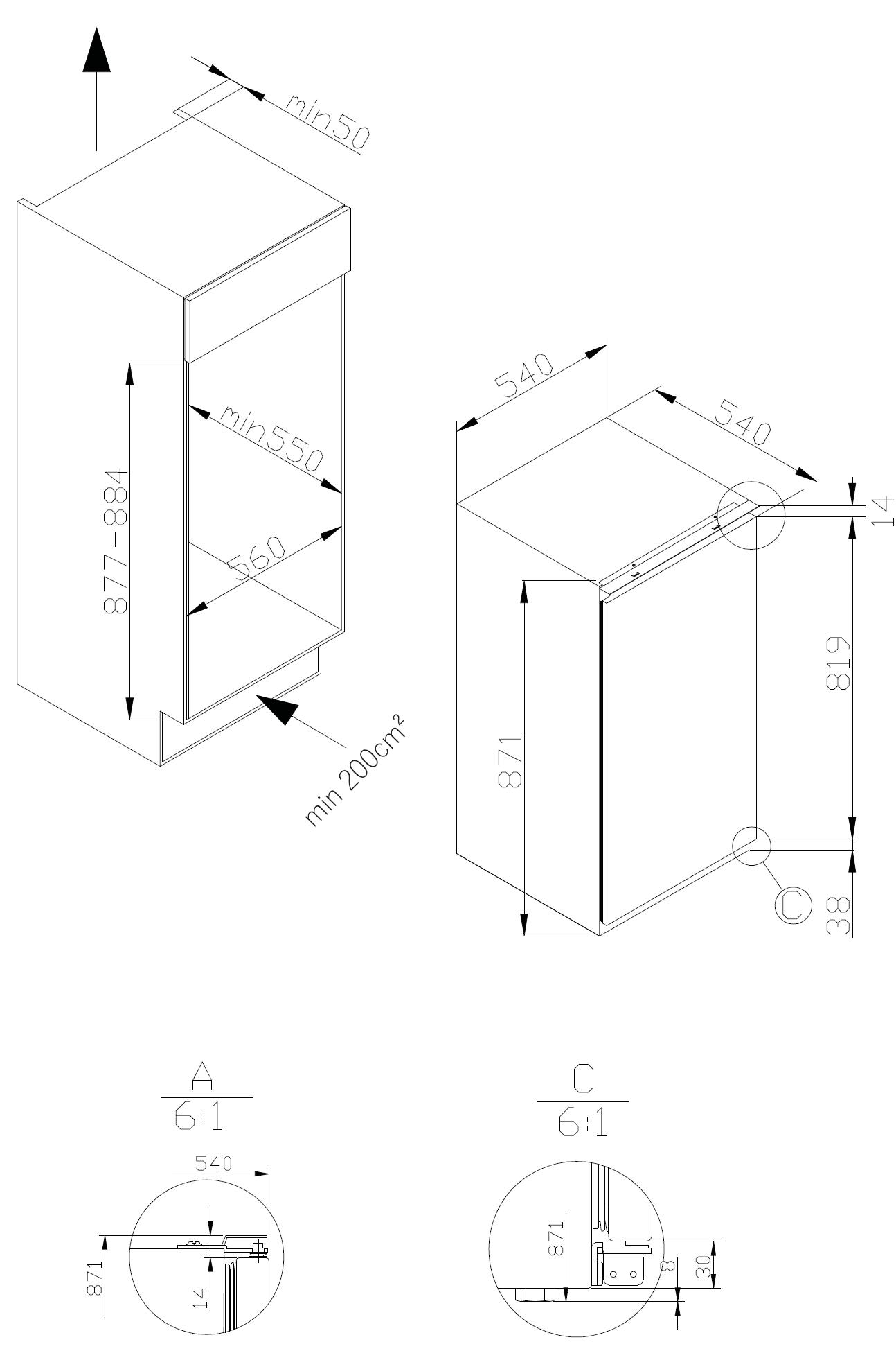 Technische Zeichnungen und Maße für einen Einbaukühlschrank. Verschiedene Ansichten mit Messungen.