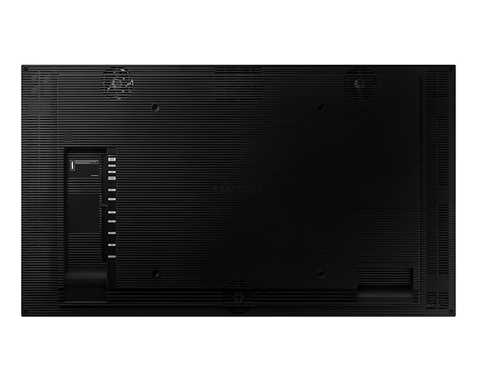 Rückseite eines schwarzen Samsung Fernsehers mit Anschlüssen und Lüftungsschlitzen.