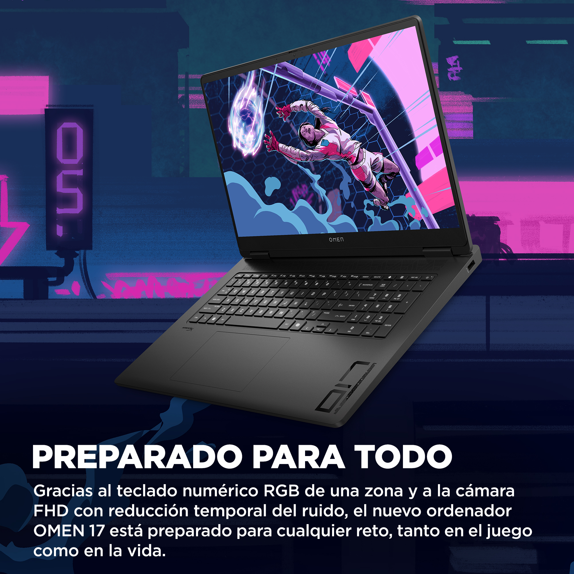 Portátil OMEN negro con una pantalla que muestra una escena de juego, con texto sobre fondo azul.