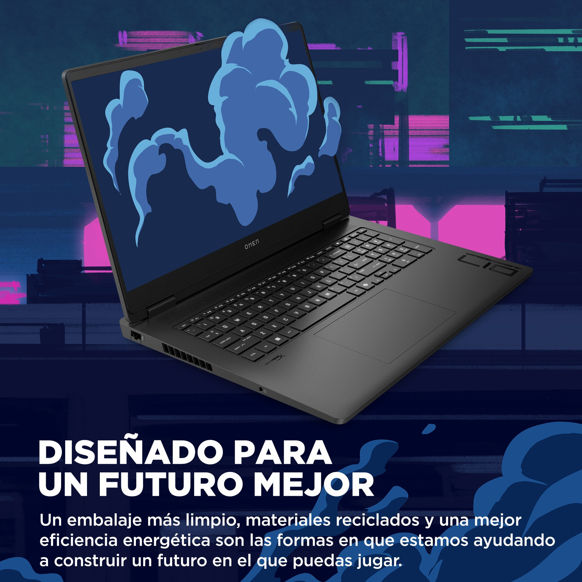 Un portátil negro con un diseño de nubes azules en la pantalla. Texto: Diseñado para un futuro mejor.