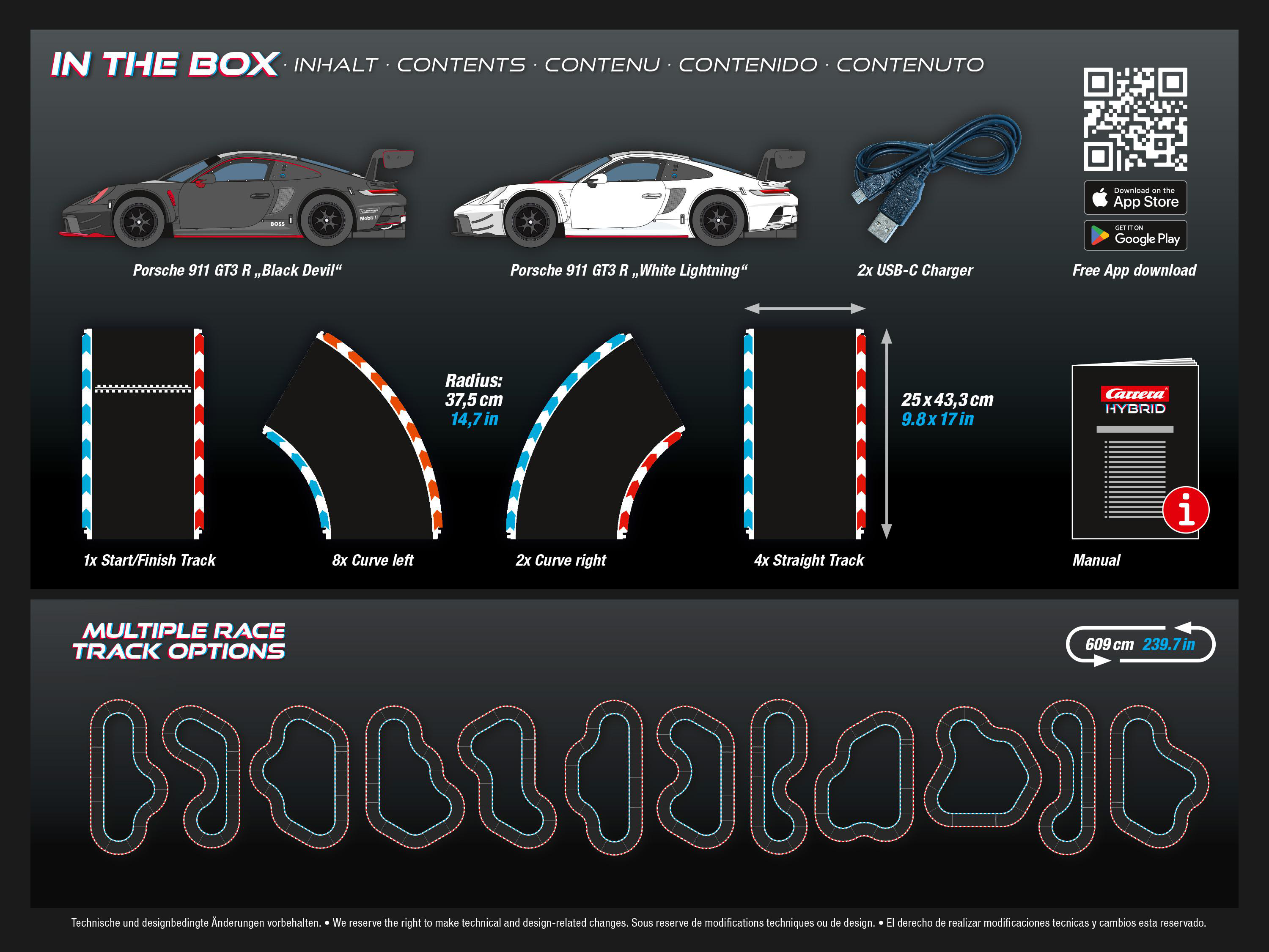 Diagramm mit Rennstreckenoptionen und Autos. Zeigt ein Rennstreckenlayout und Automodelle.