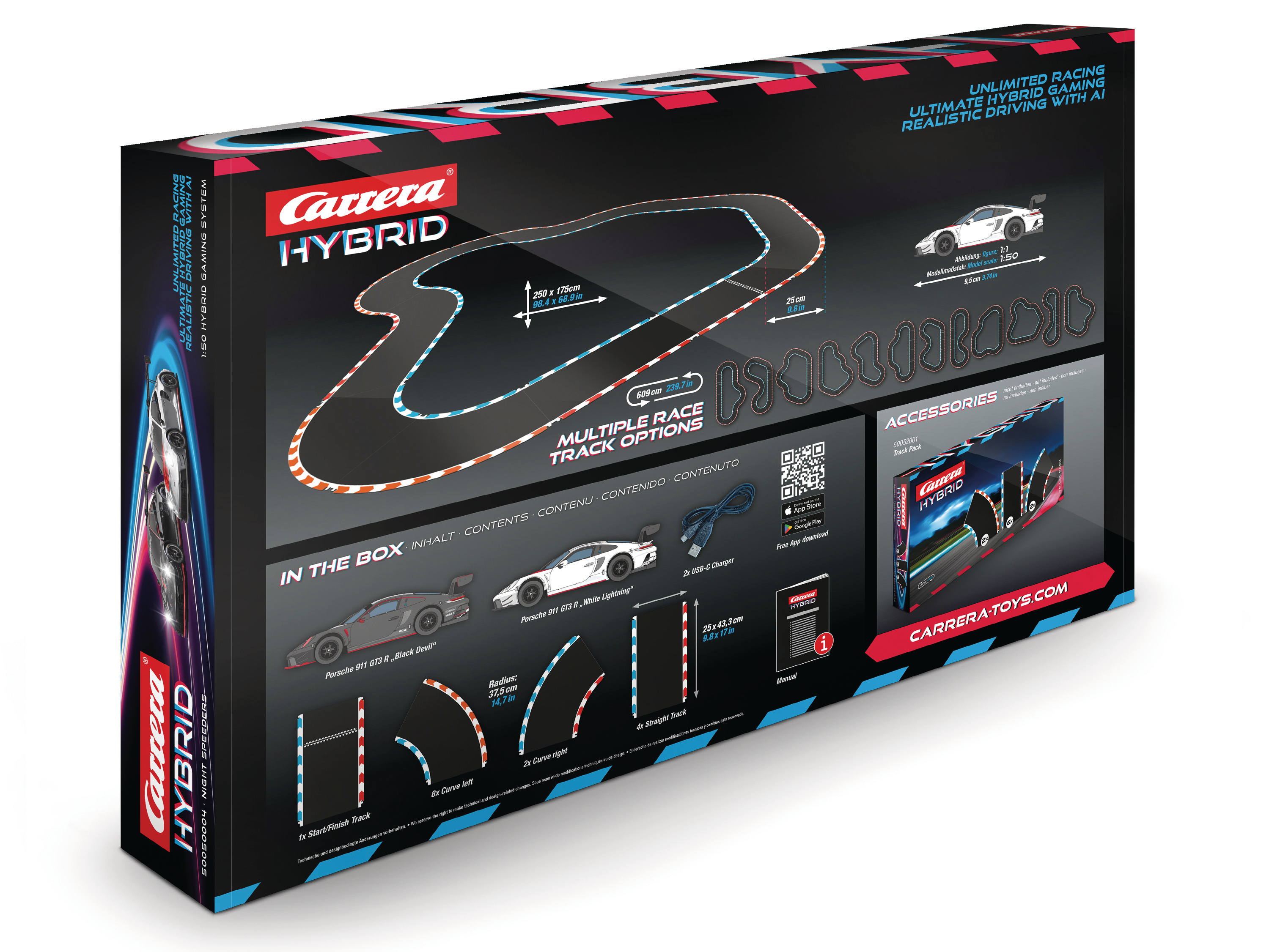 Box-Art zeigt ein Rennstrecken-Layout, Spielzeugautos und Produktinformationen. Es ist Carrera Hybrid.