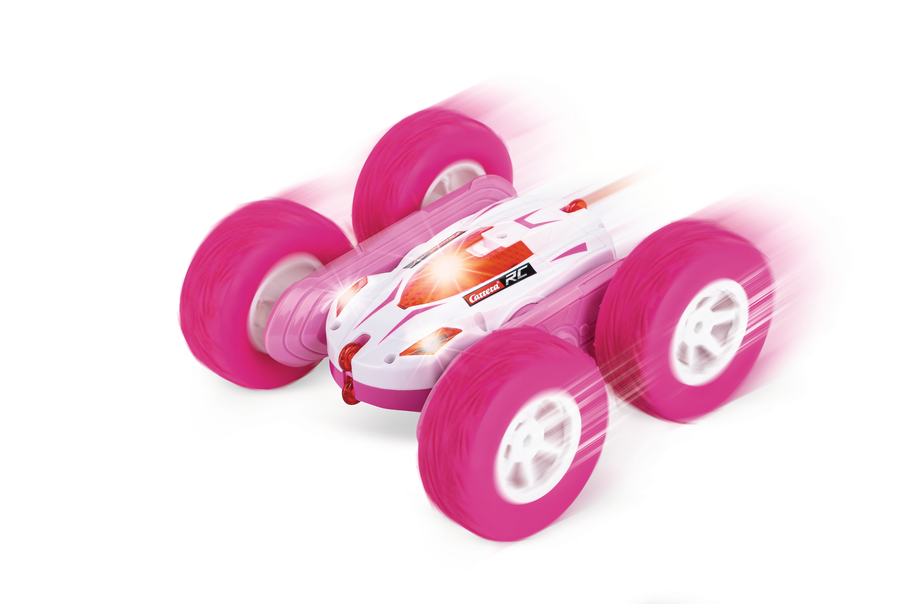 Ein rosa-weißes Spielzeugauto mit sich drehenden Rädern.