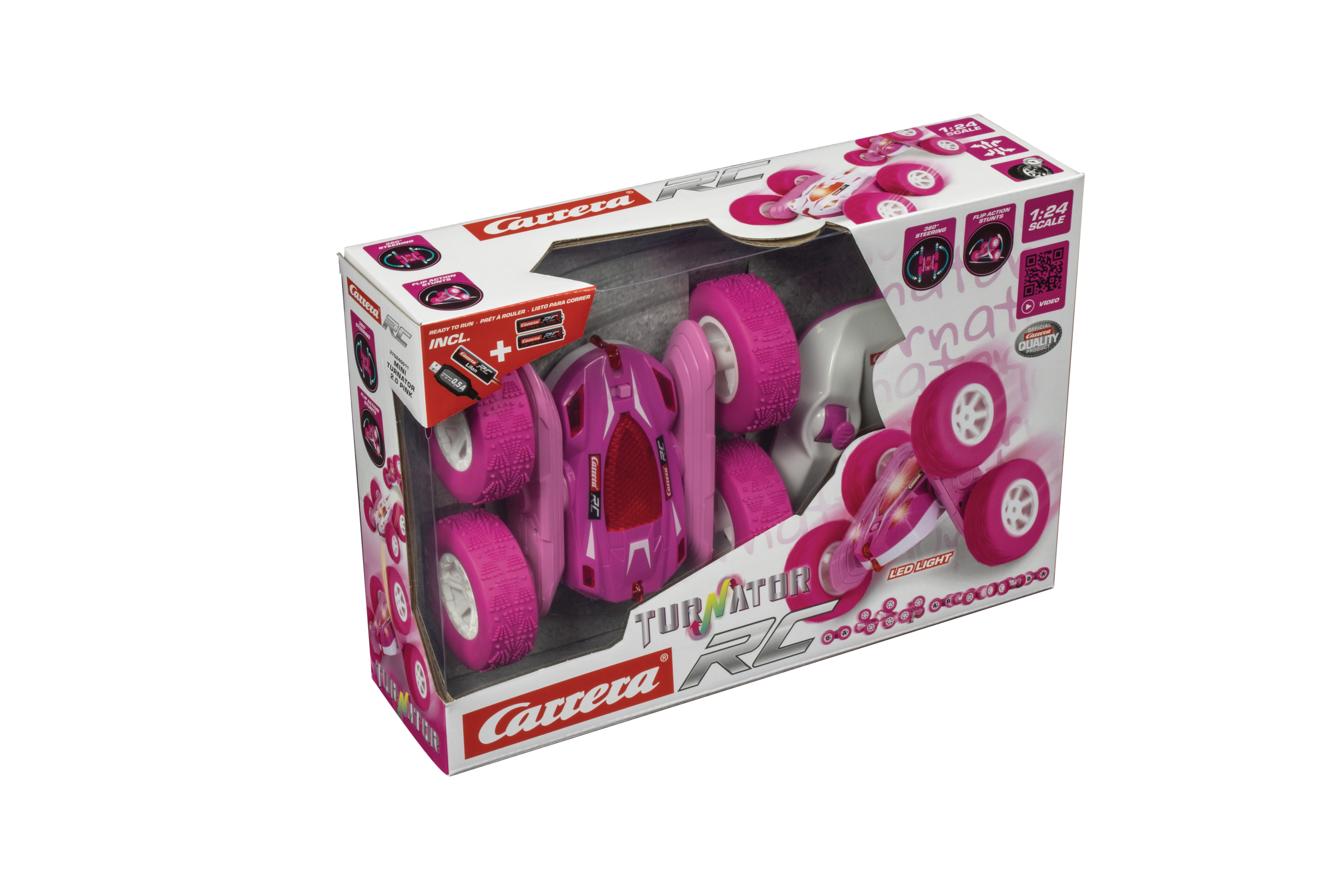 Ein Spielzeugauto in seiner Box, das Auto ist pink und schwarz. Die Box hat einen weißen Hintergrund.