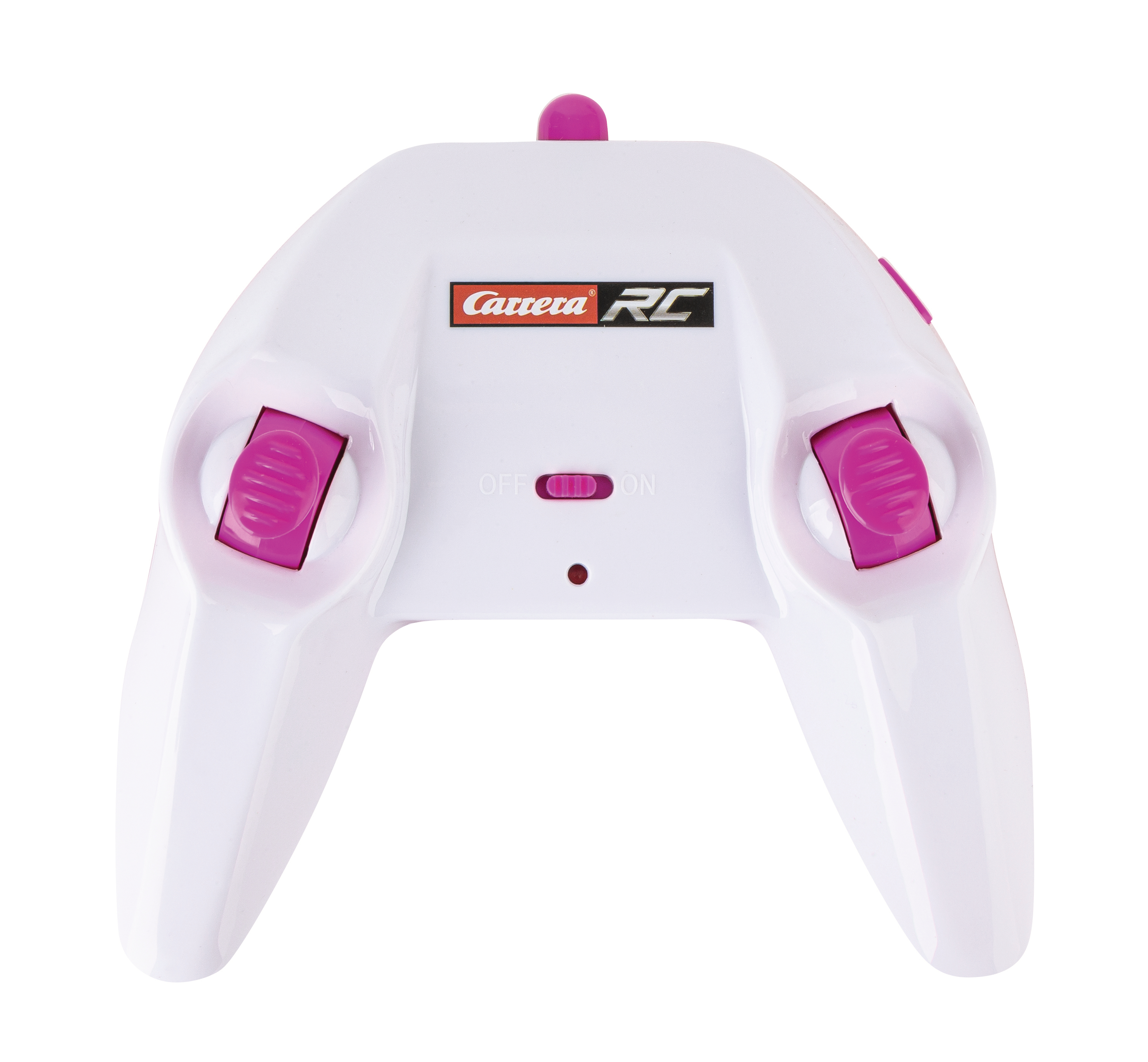 Weiße Fernbedienung mit rosa Knöpfen. 'Carrera RC'-Logo. Weißer Hintergrund.