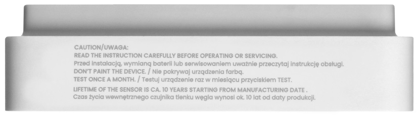 Biały czujnik z tekstem: Przeczytaj instrukcje, nie maluj, testuj raz w miesiącu, 10 lat żywotności.