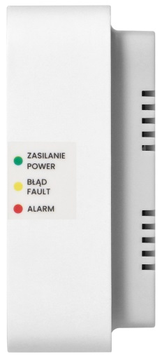 Białe urządzenie z zielonymi diodami 'Power', żółtymi 'Fault' i czerwonymi 'Alarm'. Tekst opisuje stany.