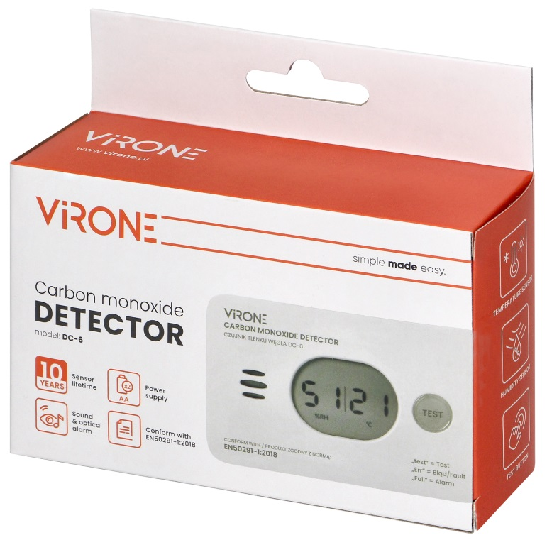 Pudełko czujnika tlenku węgla. Czujnik ma ekran z cyframi i przyciskami.