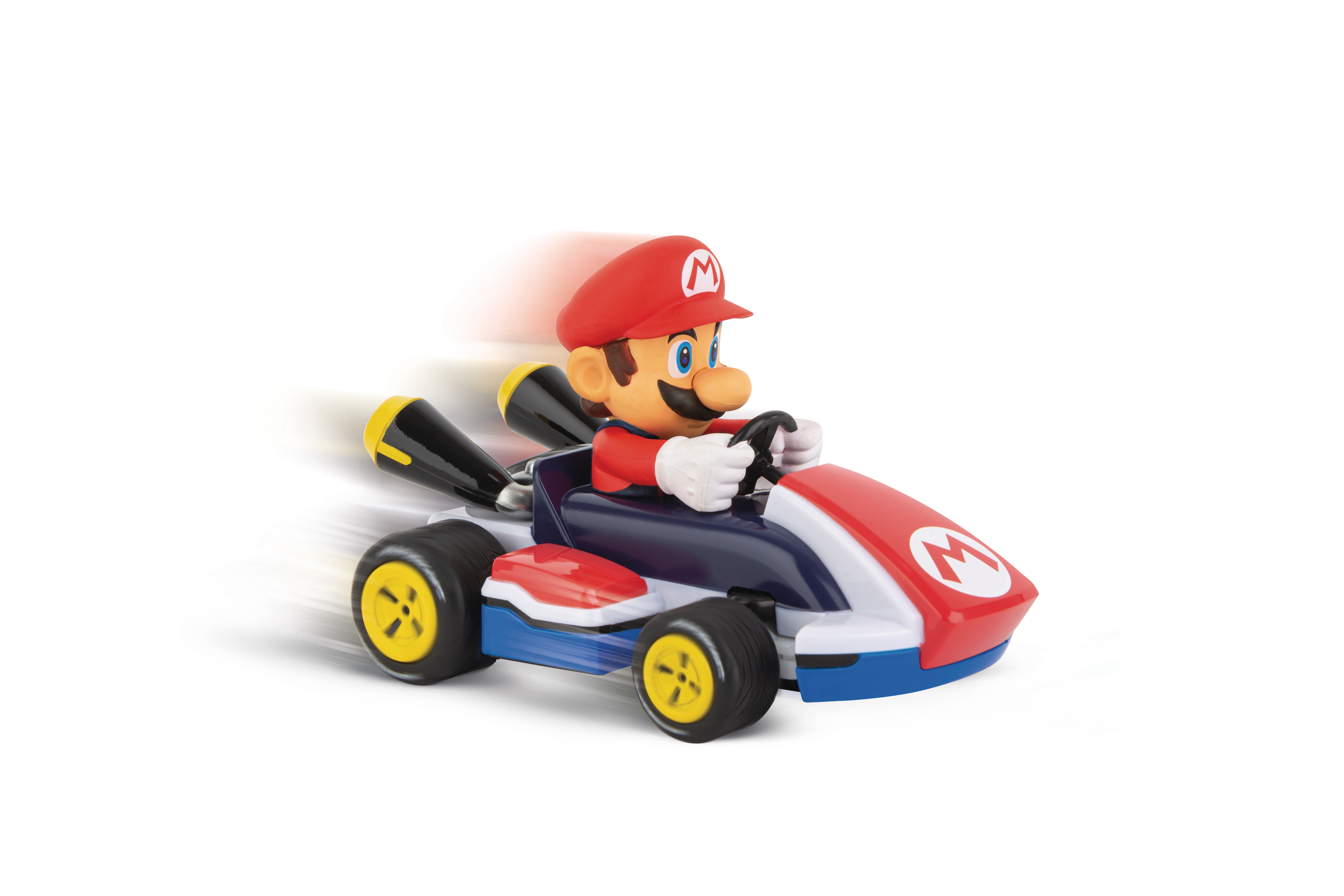 Mario in einem Kart, schnell fahrend, weißer Hintergrund.