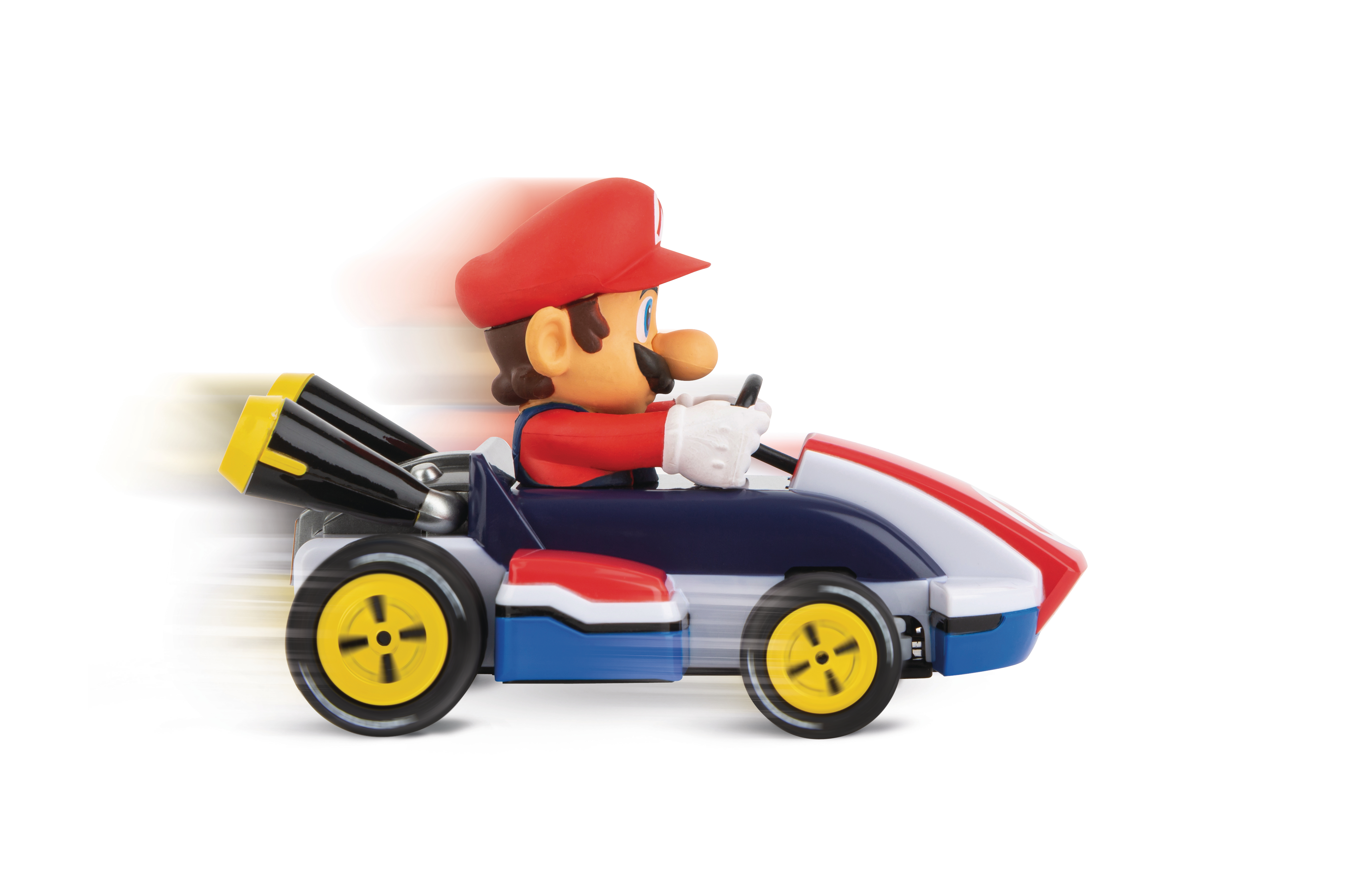 Mario fährt mit hoher Geschwindigkeit in einem blau-rot-weißen Rennwagen mit Bewegungsunschärfe.