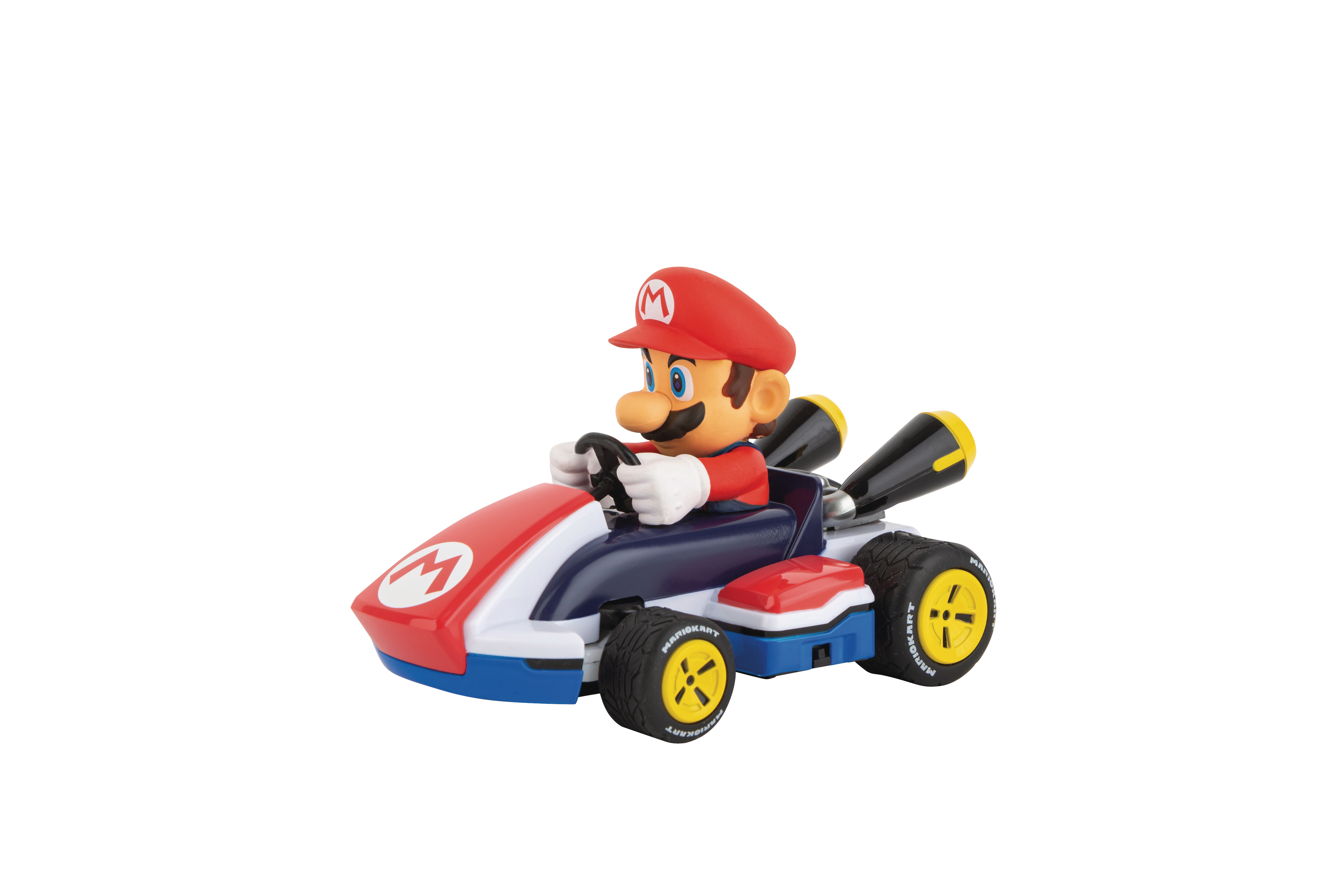 Mario in einem rot-blauen Kart. Mario trägt seinen Hut. Die Räder sind gelb.