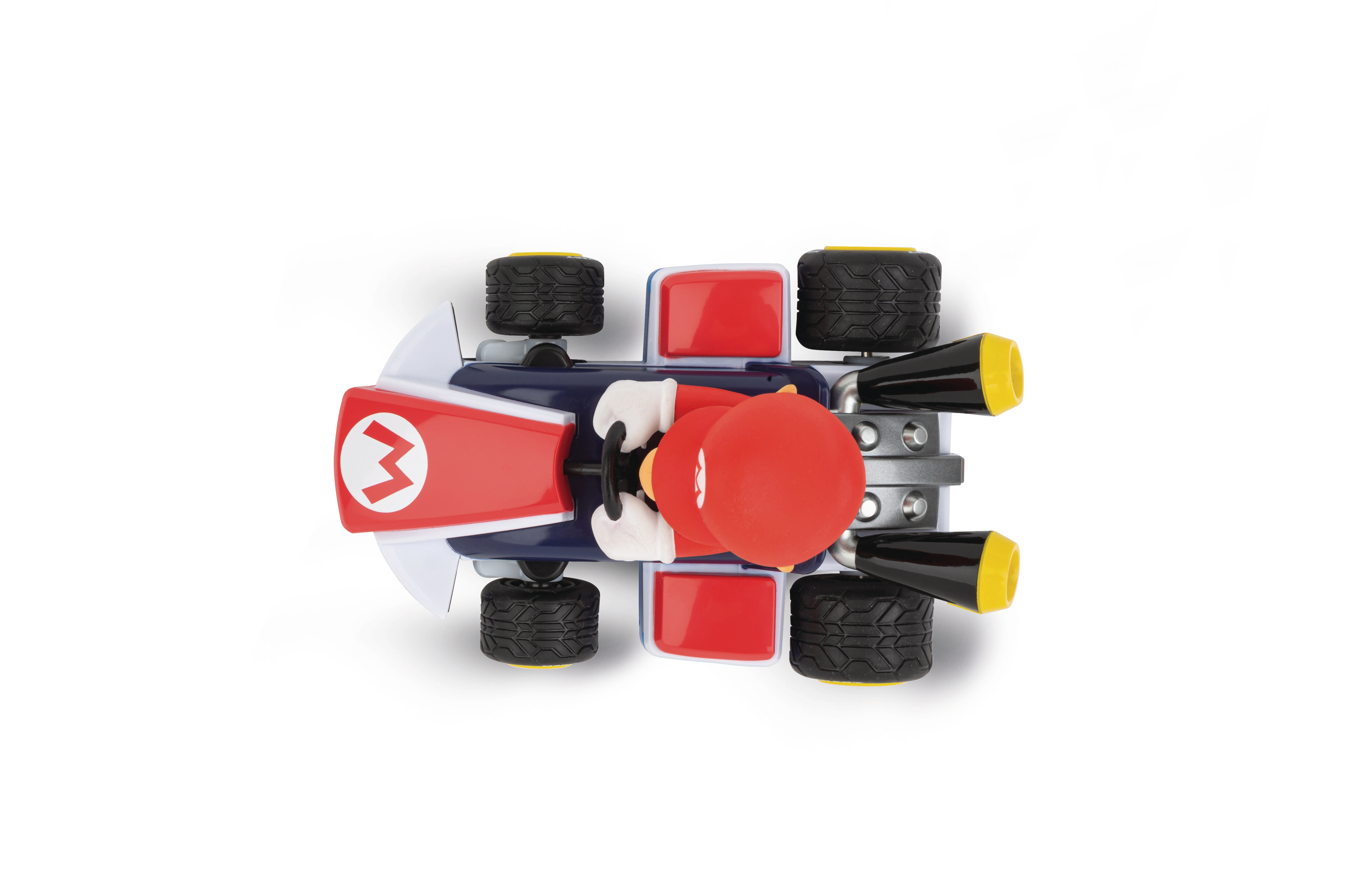Draufsicht auf ein Spielzeug-Rennwagen mit Mario-Figur. Rotes Auto, blaue Akzente, weiße Räder und die Zahl 3.