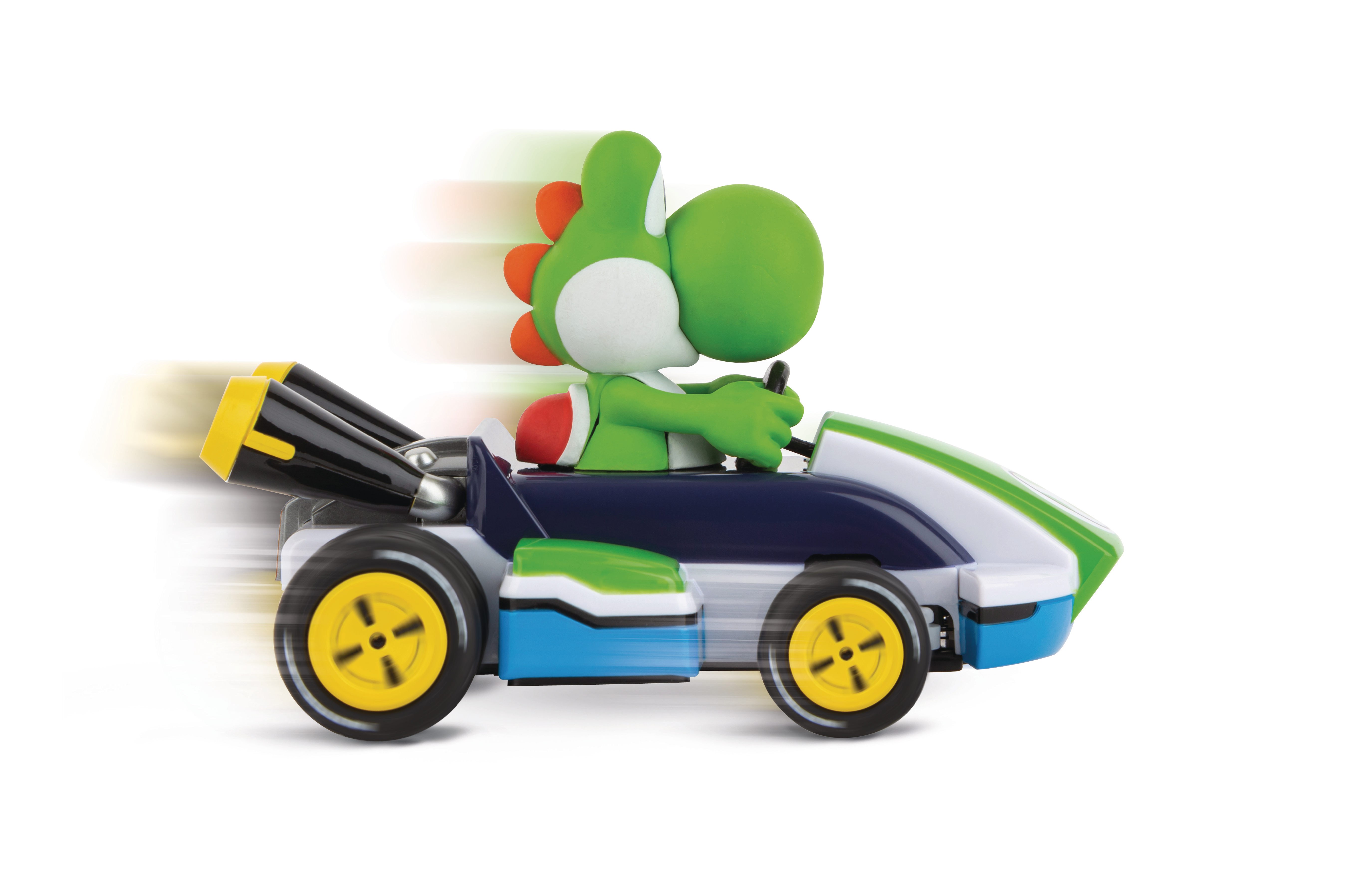 Yoshi fährt Spielzeugauto mit Geschwindigkeitslinien. Es ist weiß, blau und grün.