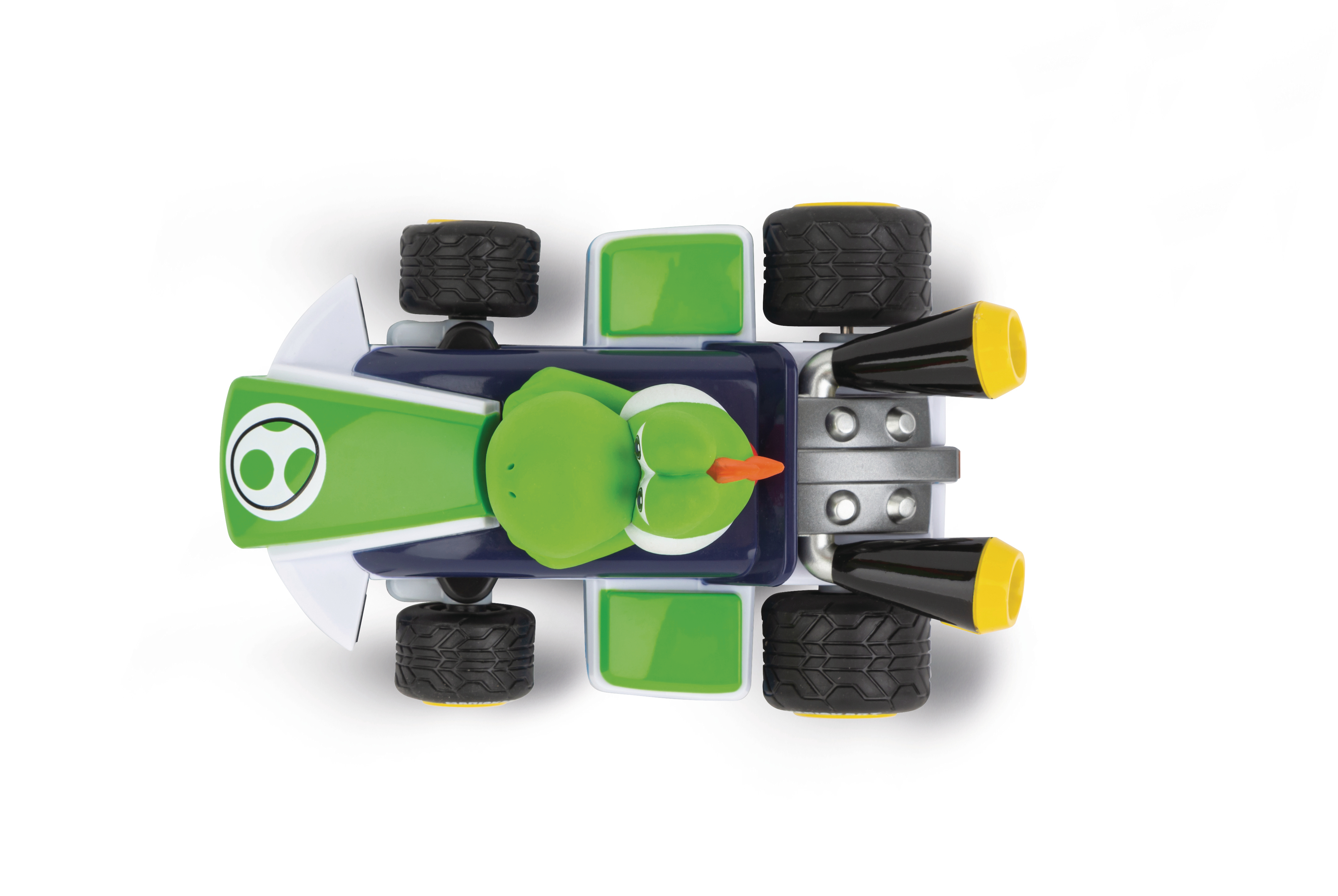 Draufsicht auf ein grünes und blaues Spielzeugauto mit einer Entenfigur.