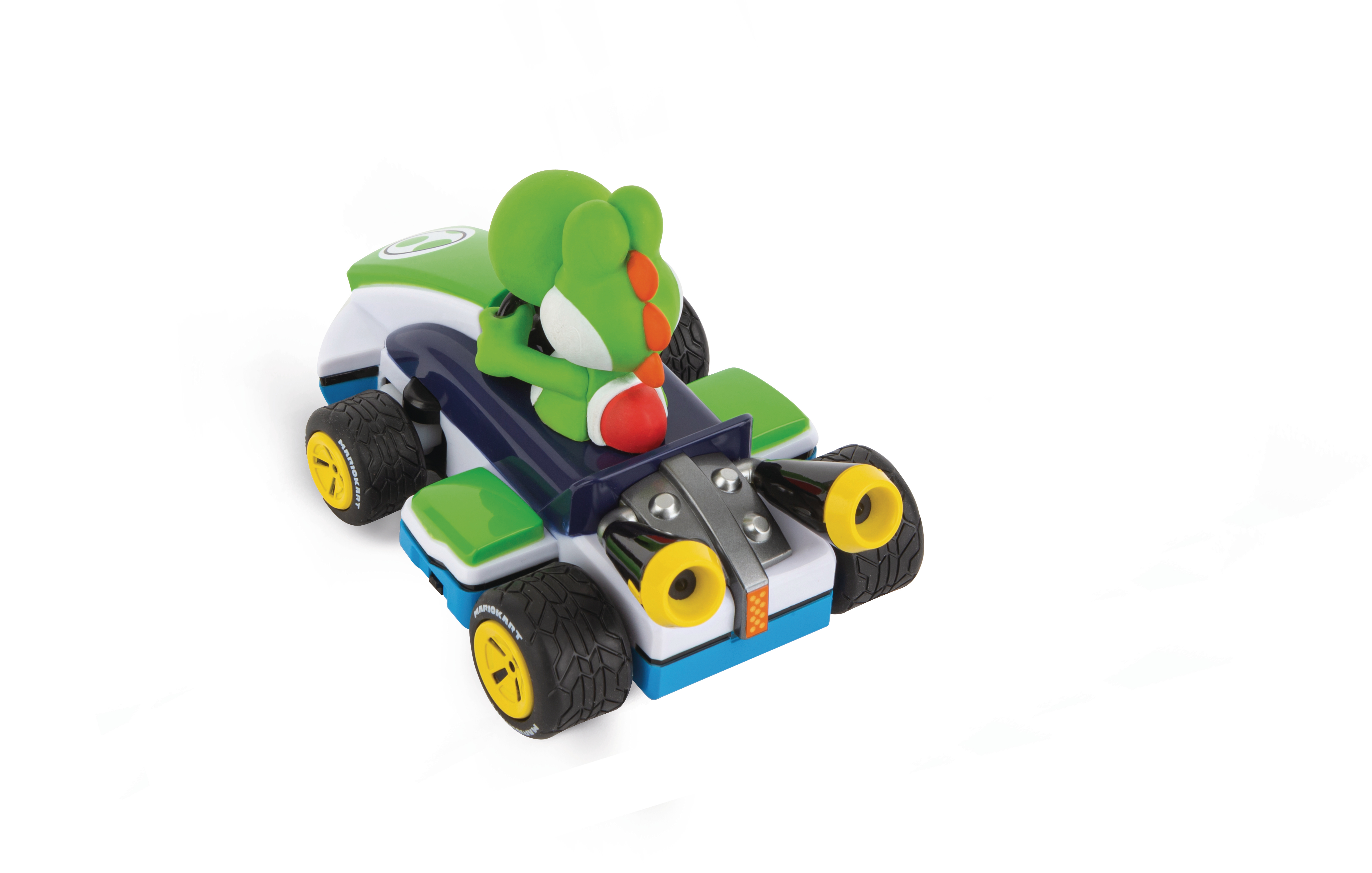 Ein Spielzeugauto mit einer grünen Yoshi-Figur, die es fährt, auf weißer Oberfläche.