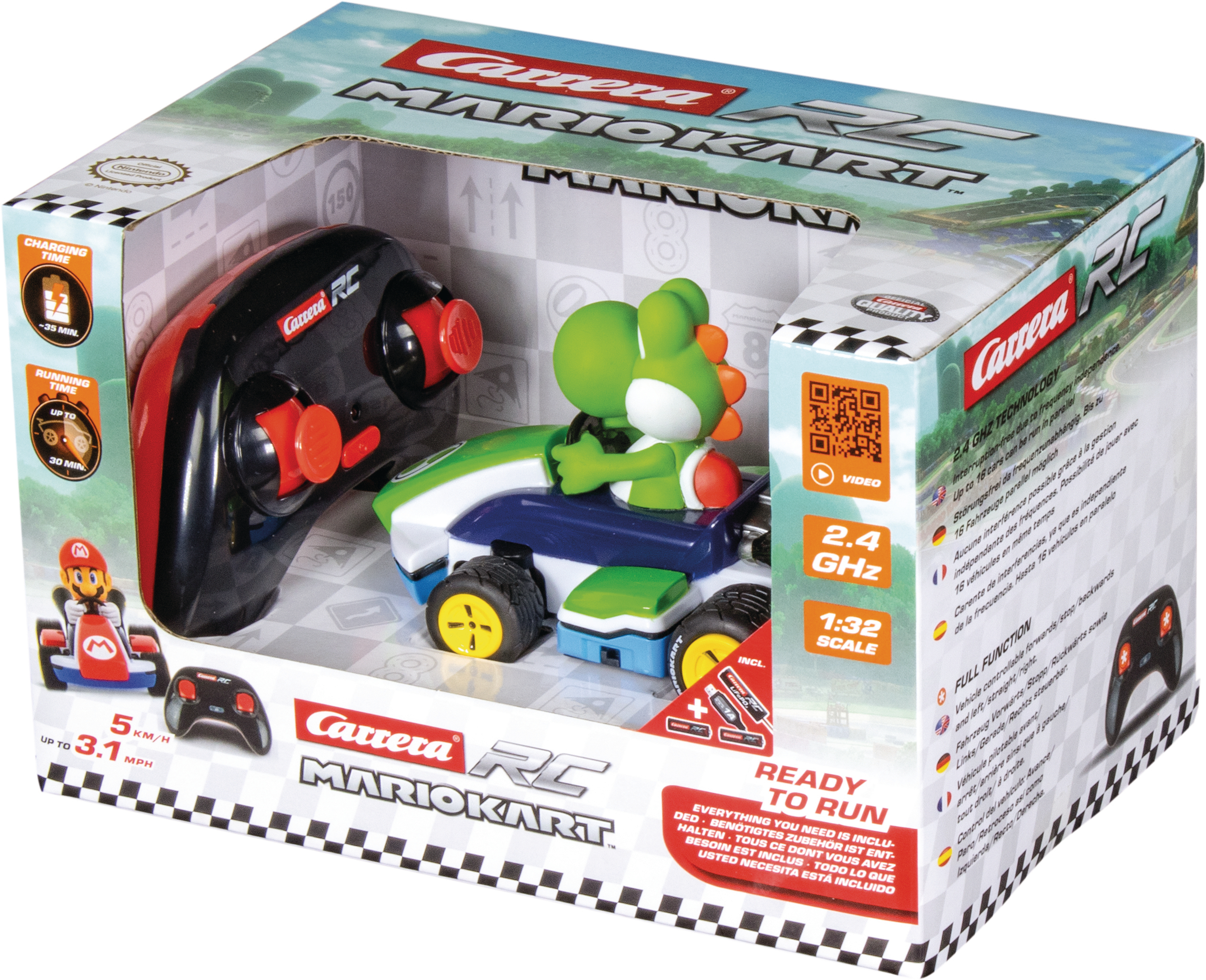 Verpacktes Carrera RC Mario Kart Set. Enthält einen Kart mit Yoshi, eine Fernbedienung und Details.