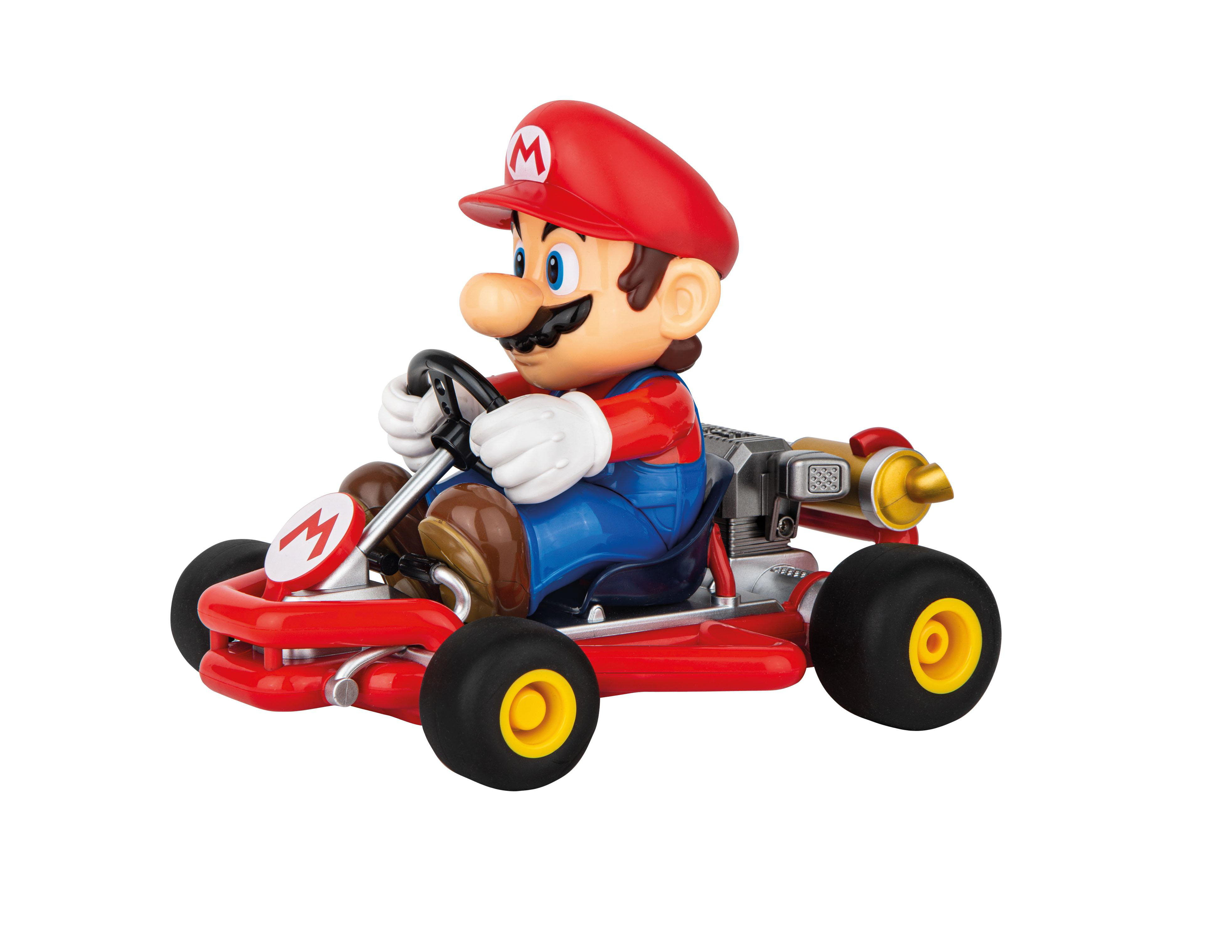 Mario fährt einen roten Kart, mit roter Mütze und blauer Latzhose, eine Spielfigur.