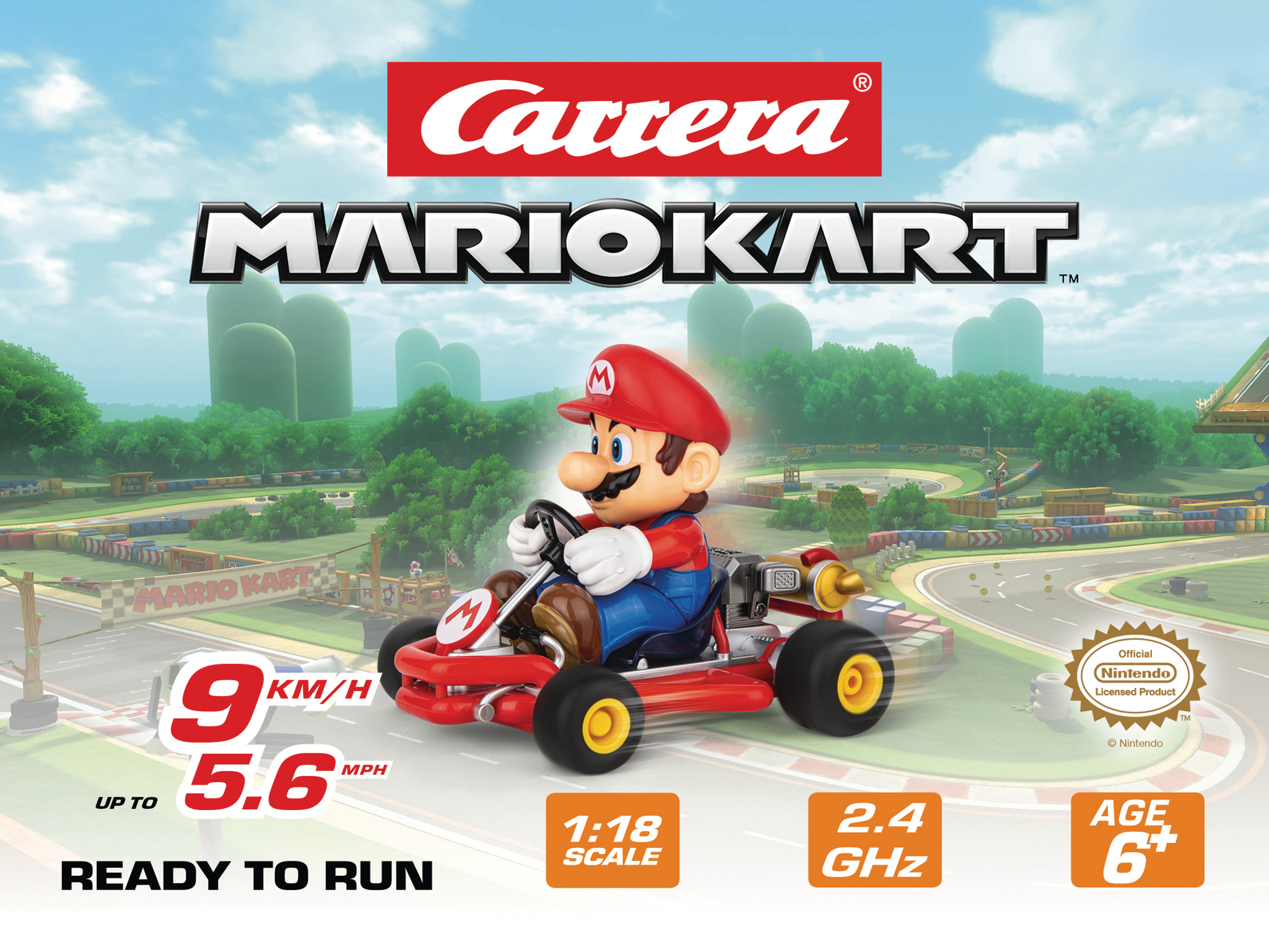 Carrera Mario Kart Spielzeug-Set. Mario ist in einem Kart auf einer Rennstrecke. Text enthält Geschwindigkeit und Maßstab.