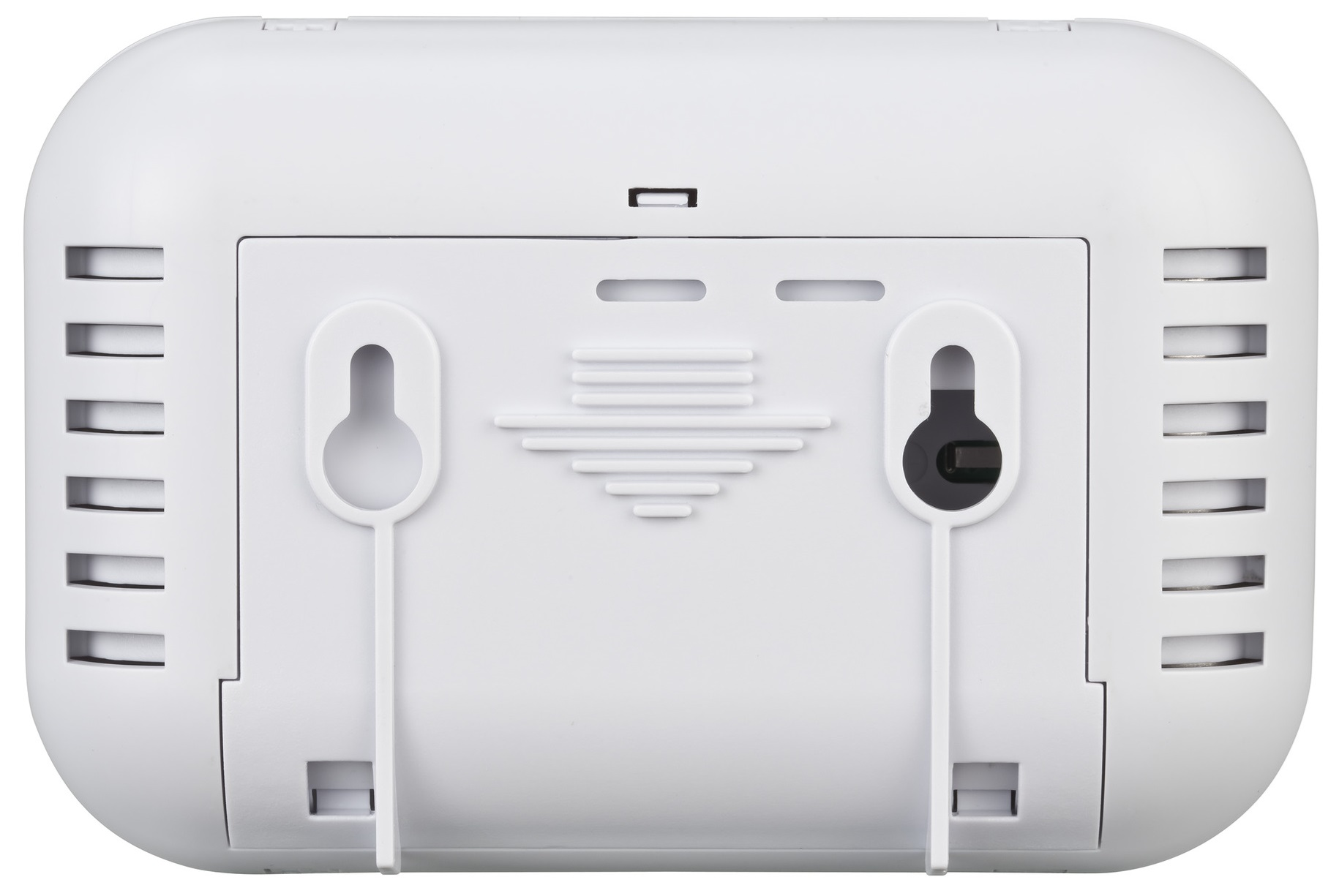 Tył białego urządzenia montowanego na ścianie z dwoma otworami do wieszania.