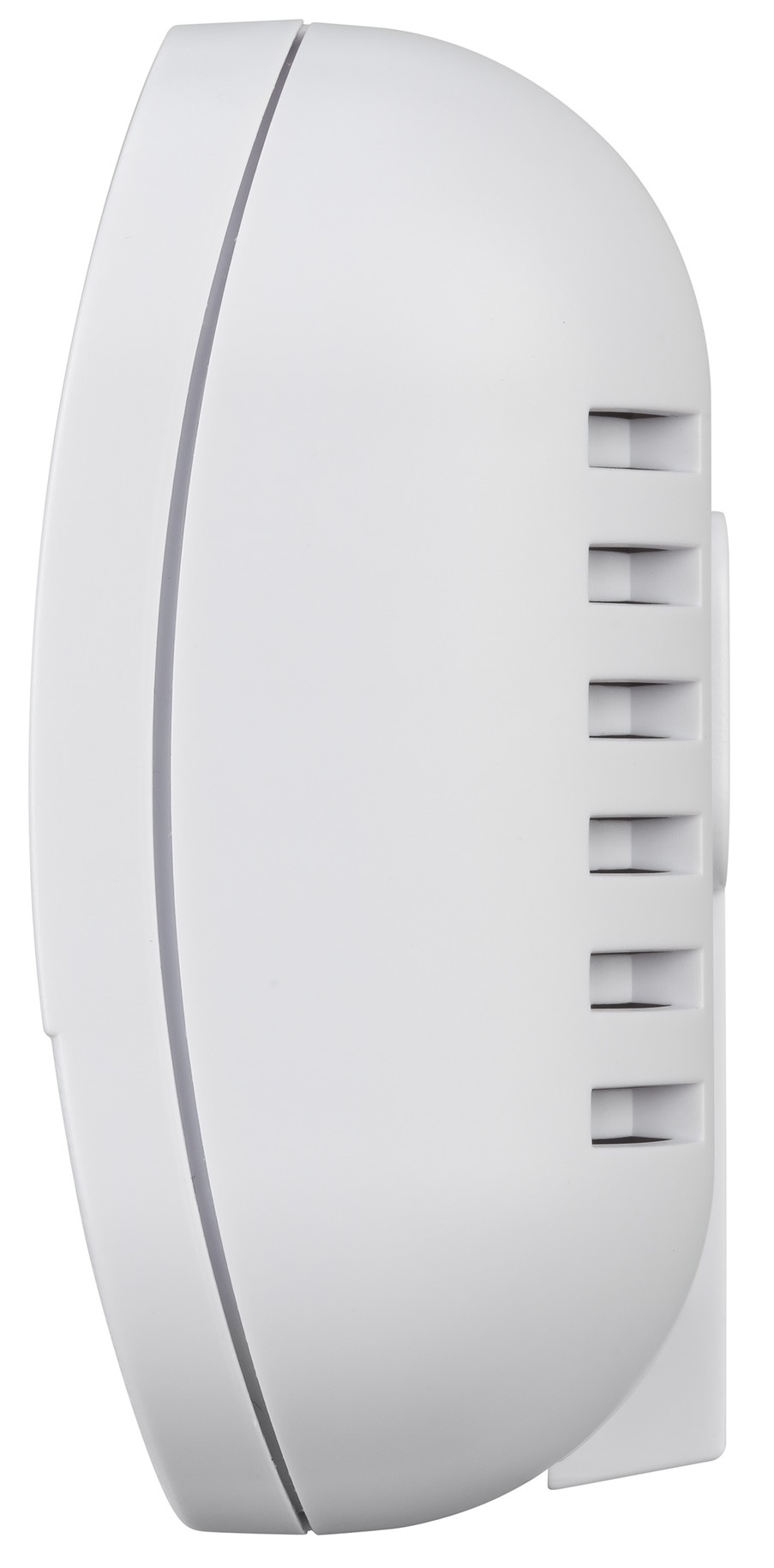 Białe, zaokrąglone urządzenie montowane na ścianie z otworami wentylacyjnymi z boku. Ma gładką, zakrzywioną powierzchnię.