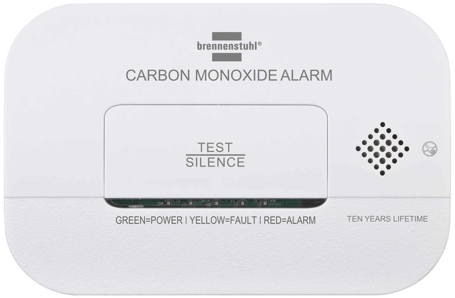 Biały czujnik tlenku węgla z zielonymi, żółtymi i czerwonymi kontrolkami oraz przyciskiem testu.