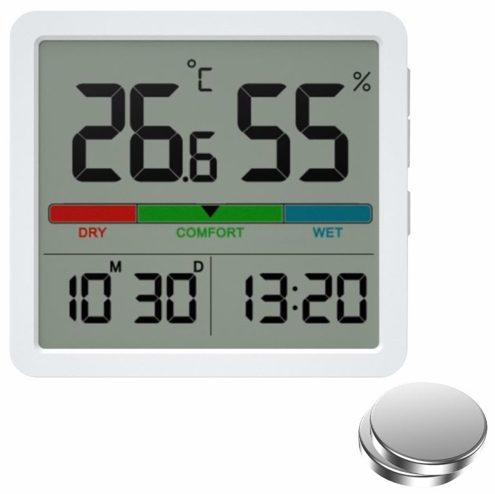 Termometr cyfrowy z wyświetlaną temperaturą, wilgotnością i czasem, z srebrną baterią poniżej.