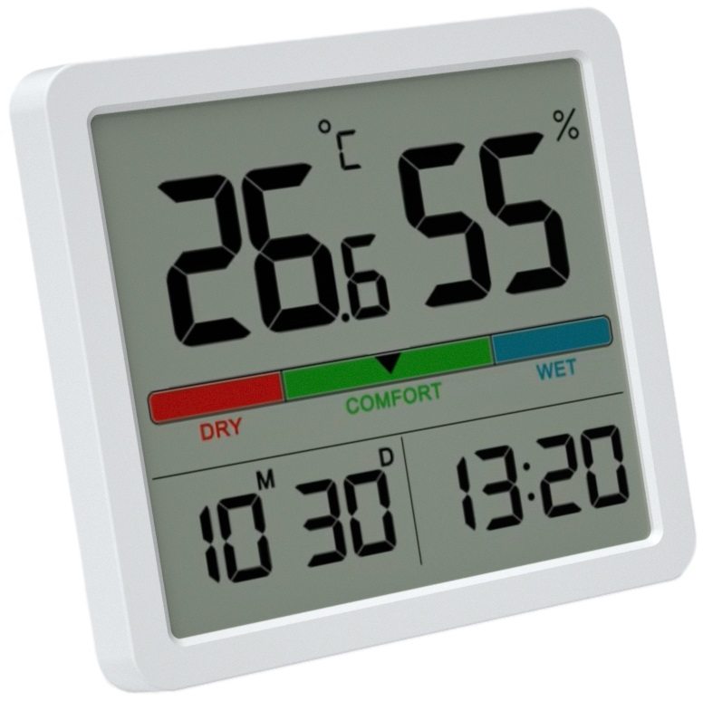 Termometr cyfrowy wskazujący 26,6 stopnia Celsjusza i 55% wilgotności z wskaźnikiem komfortu.