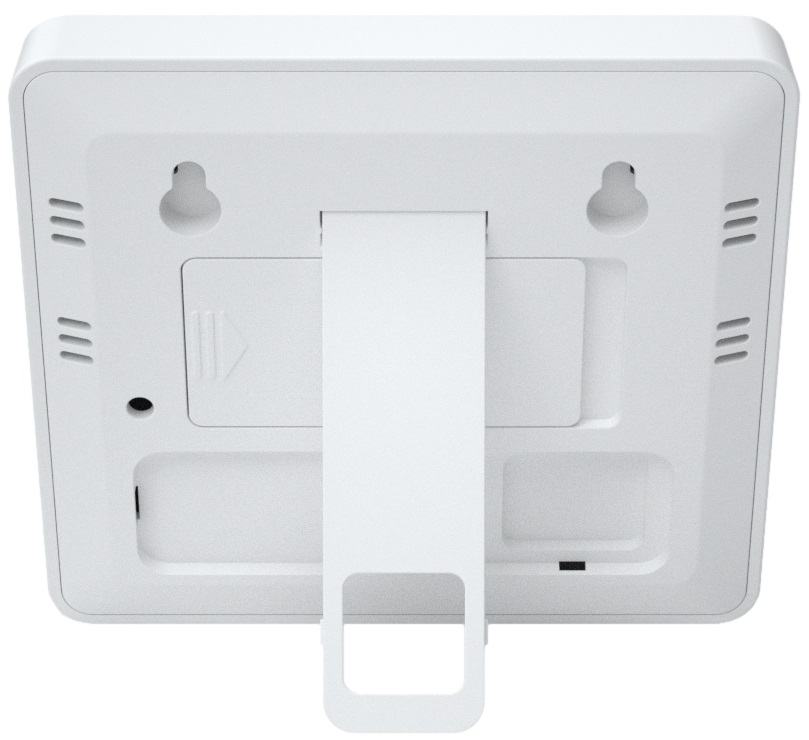 Tył białego, kwadratowego urządzenia cyfrowego ze stojakiem i otworami wentylacyjnymi.