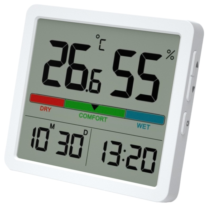 Biały termometr cyfrowy pokazujący 26.6C i 55%. Wskazuje poziom komfortu i czas.