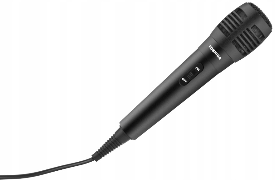 Czarny mikrofon Toshiba. Ma przełącznik On/Off i jest podłączony do kabla.