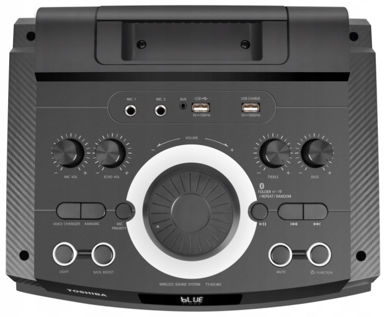 Czarny panel sterowania bezprzewodowego systemu dźwiękowego Toshiba z różnymi przyciskami i pokrętłami.