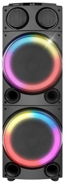Wysoki czarny głośnik z dwoma podświetlonymi okręgami, wyświetlającymi gradienty kolorów, na białym tle.