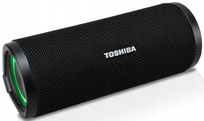Czarny głośnik Toshiba z siatkowym wzorem, zielonym światłem na końcu i tekstem Toshiba.