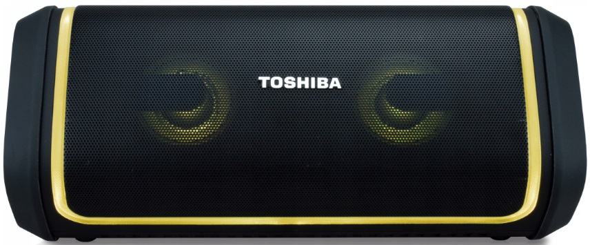 Czarny głośnik Toshiba z żółtymi akcentami, widok z przodu, z widoczną nazwą marki.