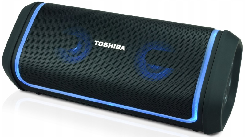 Czarny głośnik Toshiba z niebieskimi światłami i logo Toshiba.