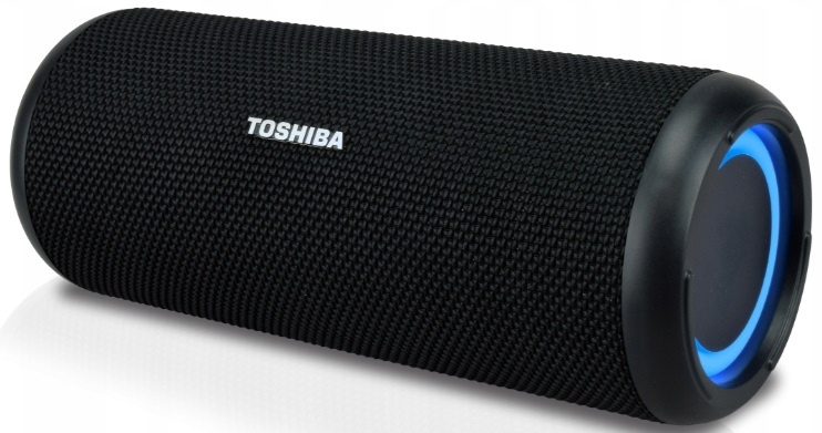 Czarny cylindryczny głośnik Toshiba z niebieskim pierścieniem świetlnym na końcu.
