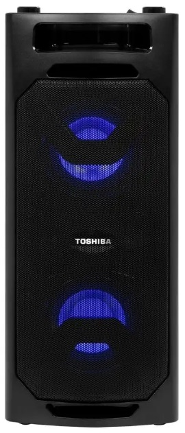 Czarny głośnik Toshiba z niebieskim podświetleniem, pionowa konstrukcja.