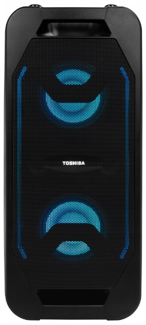 Czarny głośnik Bluetooth Toshiba z niebieskimi światłami. Pionowa konstrukcja.