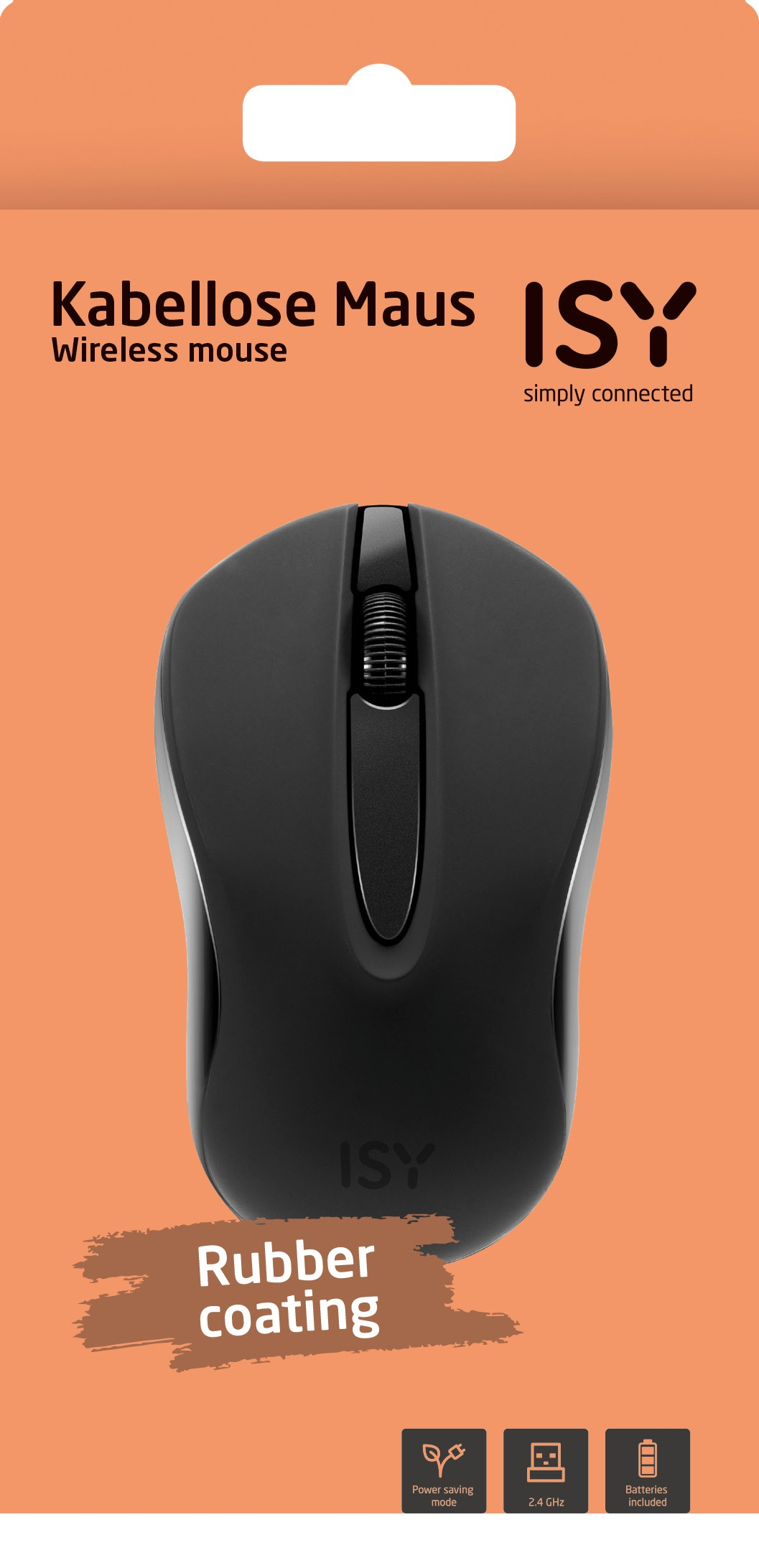 Eine schwarze kabellose Maus mit einem Scrollrad. Sie liegt vor einer Box mit schwarzem Text und einem Logo.