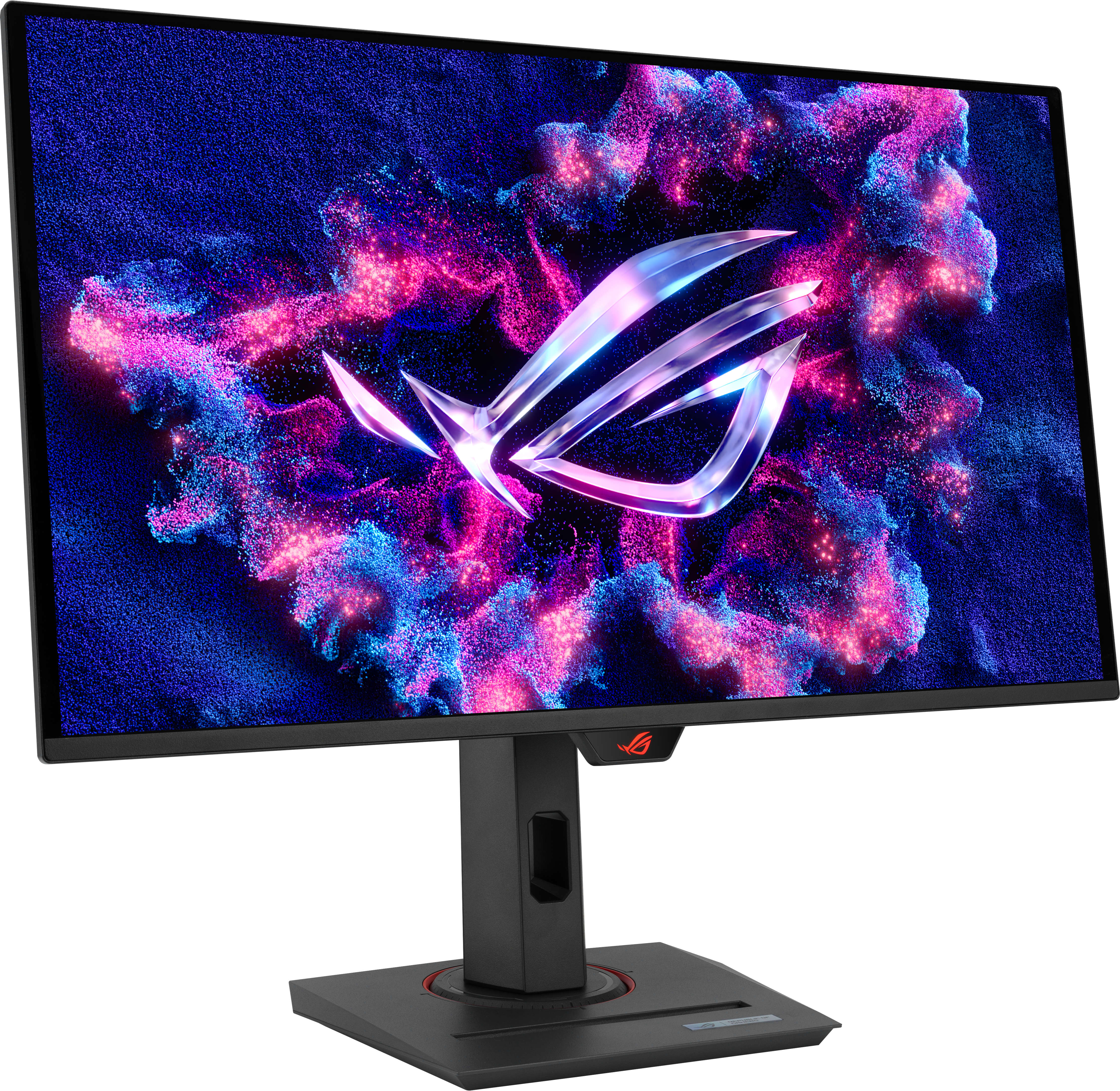 Un monitor ASUS con uno sfondo vibrante e un logo. Il supporto è nero e lo schermo è acceso.